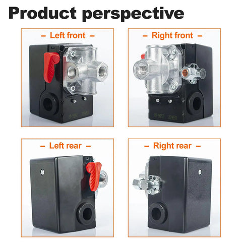 Multiple views of Air Compressor Pressure Switch Replacement For 150 Or 120 PSI 4 Port 120V Systems D26612 ZD26612 shown.