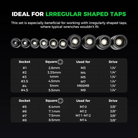 13 Piece Magnetic Tap Socket Set chart for irregular taps, showing socket sizes, square dimensions, and drive specifications.