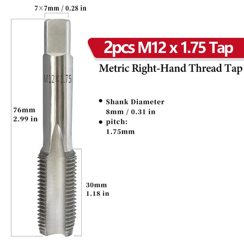 Two Pack HSS M12 X 1.75 Tap Set Right Hand Taper And Plug Taps For Metal Pros And DIYers Wear Resistant Precise Thread Repair Tool For Aluminum Steel And More