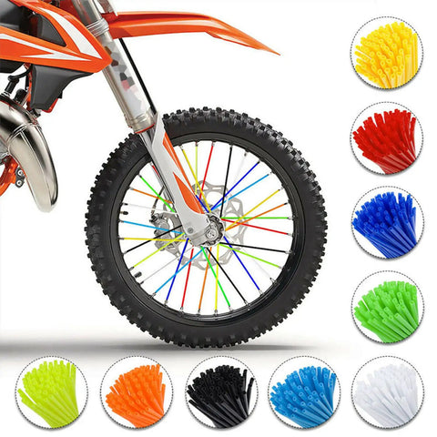 72Pcs Universal Spoke Skins Set For Dirt Bike BMX MTB And Motorcycle Wheels, Rim Wrap Covers in various colors on a bike wheel