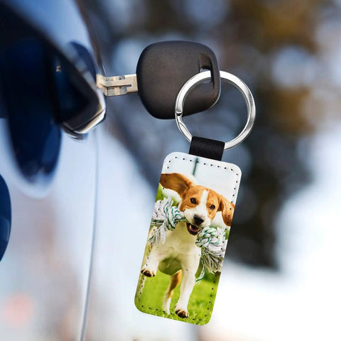 Dope 8 Pack Sublimation Blanks Keychains Glitter Rectangle Set in PU Leather on car key with dog image