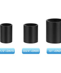 Black Three Quarter Inch Internal Thread Malleable Iron Pipe Coupling Set Of 10 For DIY Plumbing, Steam Punk Vintage Shelf Brackets, Furniture Pipe Decor And Built To Last Heavy Duty Home Projects, shown in comparison with other sizes, G3/4=DN20 labeled.