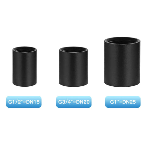 Black Three Quarter Inch Internal Thread Malleable Iron Pipe Coupling Set Of 10 For DIY Plumbing, Steam Punk Vintage Shelf Brackets, Furniture Pipe Decor And Built To Last Heavy Duty Home Projects, shown in comparison with other sizes, G3/4=DN20 labeled.