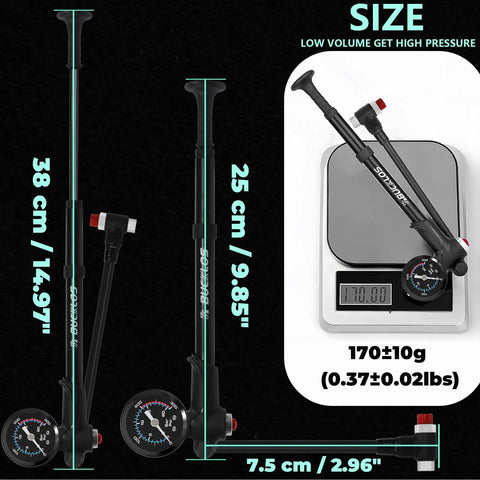 Beast Mode High Pressure Bike Shock Pump With Gauge, showing size and weight, 38 cm, 25 cm, aircraft-grade aluminum, ABS, 300 PSI max.