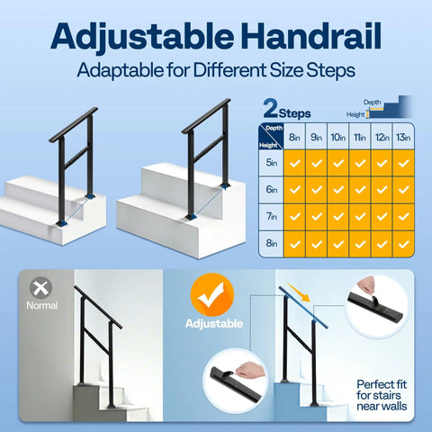 Rock Solid Outdoor Handrail For Stairs And Deck Heavy Duty Straight Rail showing adjustable handrail for various step sizes.