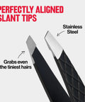 Precision Slant Tip Tweezer For Easy Hair Removal, Stainless Steel Grooming Tool with aligned slant tips and control grips.