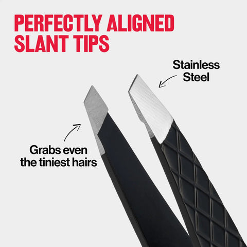 Precision Slant Tip Tweezer For Easy Hair Removal, Stainless Steel Grooming Tool with aligned slant tips and control grips.