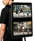 Built Different Wearable Billboard Display Featuring A 21.5 Inch Full HD LCD Backpack Screen showing video content on two screens.