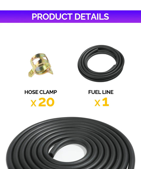Stretchy 9.85 Foot Fuel Hose With One Quarter Inch Inner Diameter And Twenty Hose Clamps Kit for small engines, hose and clamps shown