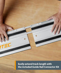 Pro Grade Dual 55 Inch Track Saw Guide Rail Kit Featuring Dead Nuts Straight Aluminum Profile and Heavy Duty Canvas Bag For Knocking Out Flawless Precision Cuts Every Single Time, connecting two aluminum rails.