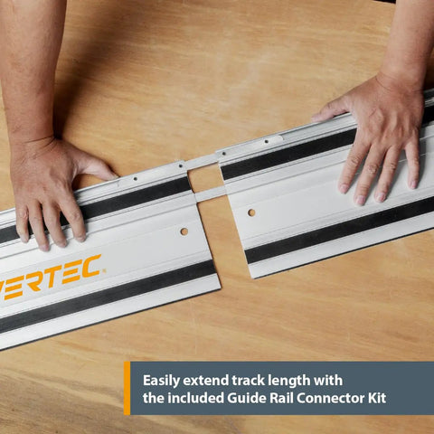 Pro Grade Dual 55 Inch Track Saw Guide Rail Kit Featuring Dead Nuts Straight Aluminum Profile and Heavy Duty Canvas Bag For Knocking Out Flawless Precision Cuts Every Single Time, connecting two aluminum rails.