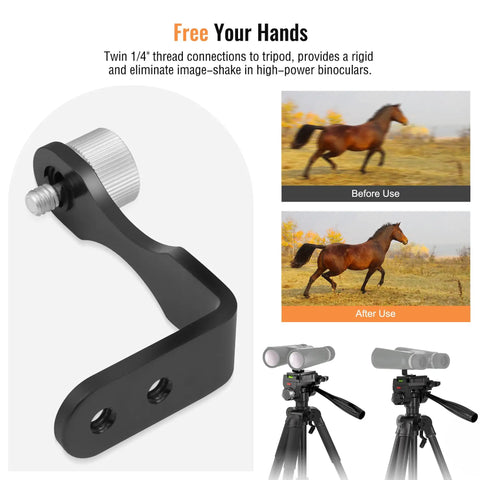 Binocular Tripod Mount With Quick Release Universal L Type Aluminum Mount showing before and after wildlife watching stabilization.
