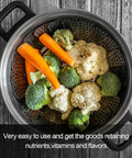 Premium Stainless Steel Veggie Steamer Basket with vegetables in pot, Folding Expandable Design That Fits Any Pot From 6 to 10.5 Inches