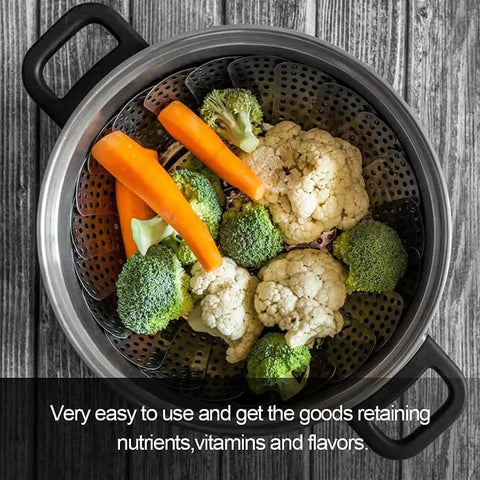 Premium Stainless Steel Veggie Steamer Basket with vegetables in pot, Folding Expandable Design That Fits Any Pot From 6 to 10.5 Inches