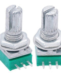 Two 10K potentiometers with knurled shafts and three-pin design from the Ten Pack 10K Potentiometer Kit With Knurled Shaft, Top Adjustment, Three Pin Rotary Linear Potentiometer RK097N-3-10K Style, Ideal For Audio, Guitar, And DIY Electronics Projects.