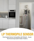 LP thermopile sensor component for pilot assembly; water heater installed in a utility closet beside a white kitchen