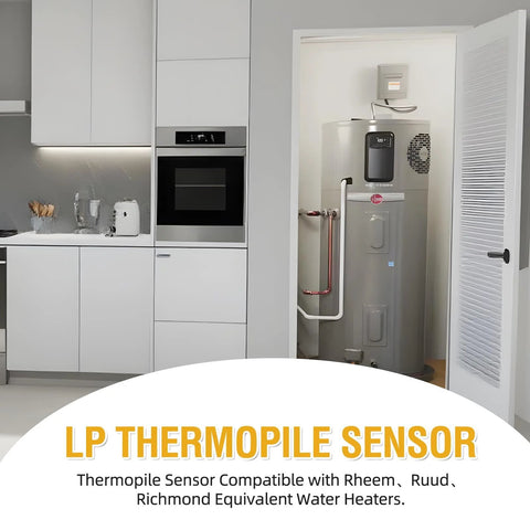 LP thermopile sensor component for pilot assembly; water heater installed in a utility closet beside a white kitchen