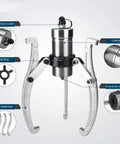 Hydraulic Bearing Puller Kit 5T To 50T with 3 Jaw Gear Puller Separator shown with chrome components and labels.