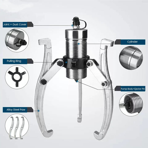 Hydraulic Bearing Puller Kit 5T To 50T with 3 Jaw Gear Puller Separator shown with chrome components and labels.