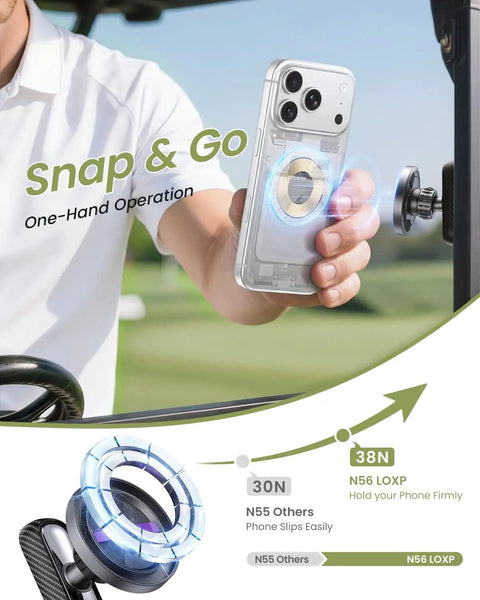 Magnetic Golf Cart Phone Holder With 360 Degree Rotation Fits EZGO Club Car Yamaha Golf Carts in use with a phone attached