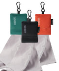 SEIBER eyeglass cleaning microfiber cloths with neoprene pouches, 3-pack (green, black, orange), 7 x 7 inches.