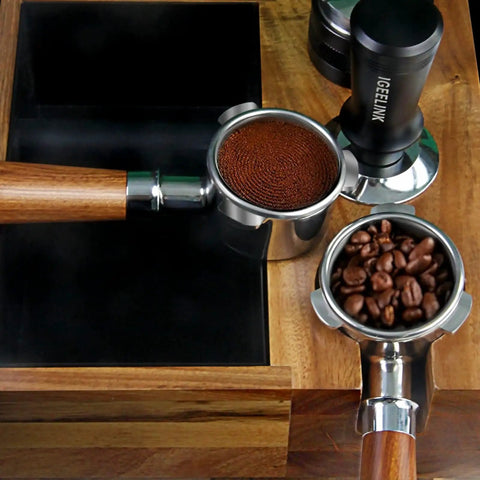 54mm Bottomless Portafilter With Stainless Steel Head And Walnut Handle For Breville espresso machines with coffee and tamper