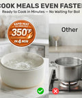 All In One Electric Hot Pot With Steamer And Lid 1.5L Nonstick Ceramic Cooker showing rapid boiling next to a stove pot
