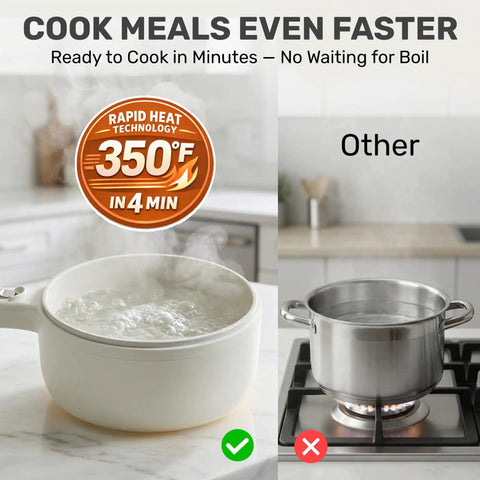 All In One Electric Hot Pot With Steamer And Lid 1.5L Nonstick Ceramic Cooker showing rapid boiling next to a stove pot