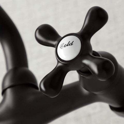 Close-up of handle on Victorian Style Two Handle Wall Mount Kitchen Faucet in Oil Rubbed Bronze, 7 Inch