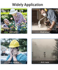 Four images showing applications of Three Pack Safety Glasses For Men And Women Comfy Lightweight Anti Fog Goggles.
