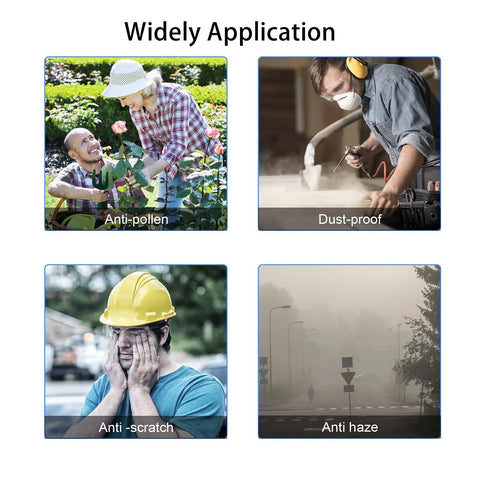 Four images showing applications of Three Pack Safety Glasses For Men And Women Comfy Lightweight Anti Fog Goggles.