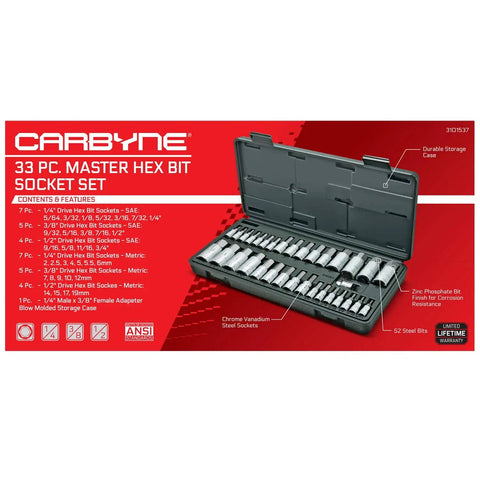 33 Piece Hex Socket Master Set For SAE And Metric Allen Bits In Quarter Inch, Three Eighth Inch, And Half Inch Drives, S2 Steel