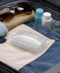 Clear White Travel Soap Box with Lid for On The Go Organization in a suitcase with clothes and travel essentials, Made In The USA