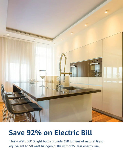 Straight Forward Top Notch GU10 Led Bulbs 4 Watt 350 Lumen 2700K Soft White Non Dimmable Track And Recessed Lighting Bulbs in modern kitchen.
