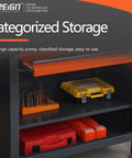 Heavy Duty CNC Tool Organizer Cart With Door Pro Shop Grade Workbench Storage For Machining Centers And Warehouses Keep Cutting Tools Bits And Accessories Neat And Ready showing categorized storage with tools and accessories.