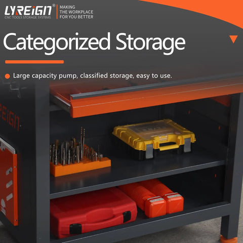 Heavy Duty CNC Tool Organizer Cart With Door Pro Shop Grade Workbench Storage For Machining Centers And Warehouses Keep Cutting Tools Bits And Accessories Neat And Ready showing categorized storage with tools and accessories.