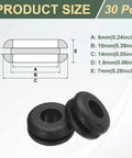 30Pcs Rubber Grommets For One Quarter Inch Inner Diameter And Three Eighth Inch Drill Holes, size diagram, 6x10mm black