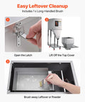 Slick Automatic Filling Machine With Smart Weighing Sensor And Foot Pedal For Coffee Beans Grains Spices Stainless Steel Particle Dispenser showing easy cleanup steps with latch, cover lift, and brush.