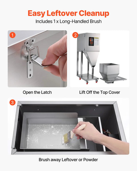 Slick Automatic Filling Machine With Smart Weighing Sensor And Foot Pedal For Coffee Beans Grains Spices Stainless Steel Particle Dispenser showing easy cleanup steps with latch, cover lift, and brush.
