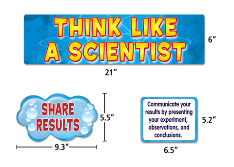 Think Like a Scientist Mini Bulletin Board for the Classroom With Scientific Method Steps, 21 Pieces, Includes Header Piece 21 by 6 Inches and Science Project Ideas for Students, featuring "Think Like a Scientist" text with share results suggestions.