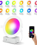 Smart LED Recessed Lighting Kit 6 Inch 12 Pack Ultra Thin RGB Downlights 12W 1200LM Lit Color Changing Dimmable With Alexa Google Assistant Tuya App WiFi Control viewed with color options and remote app control on phone