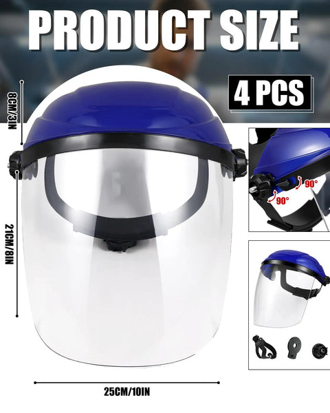 4 Pack Safety Face Shields For Grinding And Cutting, Full Face Protection Mask With Impact Resistant Visor, Blue, product size shown