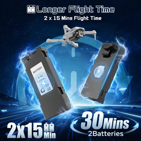 1080P Camera Drone For Adults And Beginners Foldable RC Quadcopter with two 15-minute batteries and drone in background.