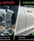 Comparison of traditional repair method with Tesla Touch Up Paint Pen For Model 3 Y S X Pearl White Multi Coat PPSW Exact Color Match Car Paint Scratch Repair 2 In 1 Brush And Pen DIY Chip And Scratch Fix Automotive Scratch Repair Pen.