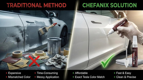 Comparison of traditional vs CHEFANIX Tesla Stealth Gray Touch Up Paint Pen For Model 3 Y S X Exact Color Match 2 In 1 solution