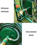 Heavy Duty Garden Hose Reel Cart With Wheels And High Pressure Water Whip For Hassle Free Yard Work showing 360 degree swivel joint and hose protection design.
