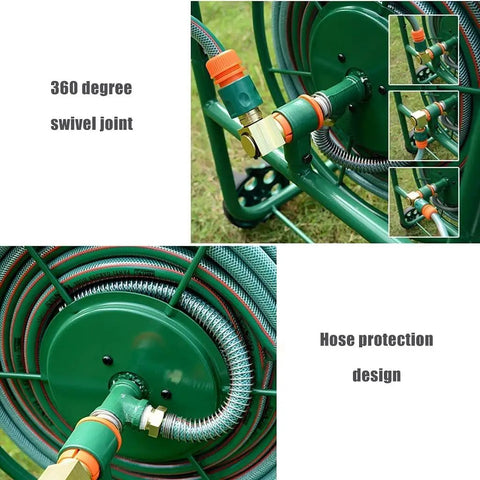Heavy Duty Garden Hose Reel Cart With Wheels And High Pressure Water Whip For Hassle Free Yard Work showing 360 degree swivel joint and hose protection design.