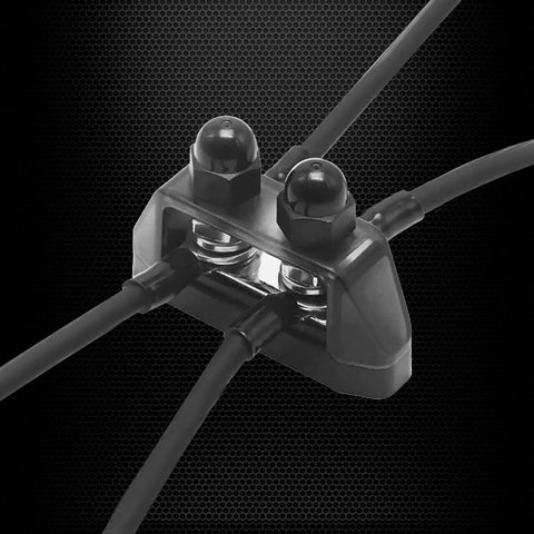 Ridiculously Strong 3/8 Power Distribution Block Bus Bar Offering Dead Serious Two Hundred Fifty Amps And Dual M10 Studs clean panel mount with dual cables.