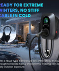 Level 2 EV Charger 40 Amp J1772 Wall Mounted Station With 25 Foot Cable Nema 14-50 Plug in snowy outdoor setting.