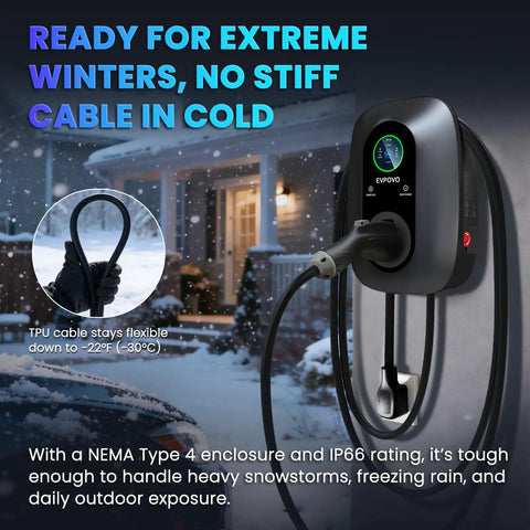 Level 2 EV Charger 40 Amp J1772 Wall Mounted Station With 25 Foot Cable Nema 14-50 Plug in snowy outdoor setting.